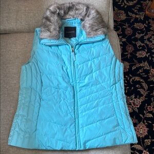 Talbots Blue Quilted Vest with Detachable Faux Fur Hood
